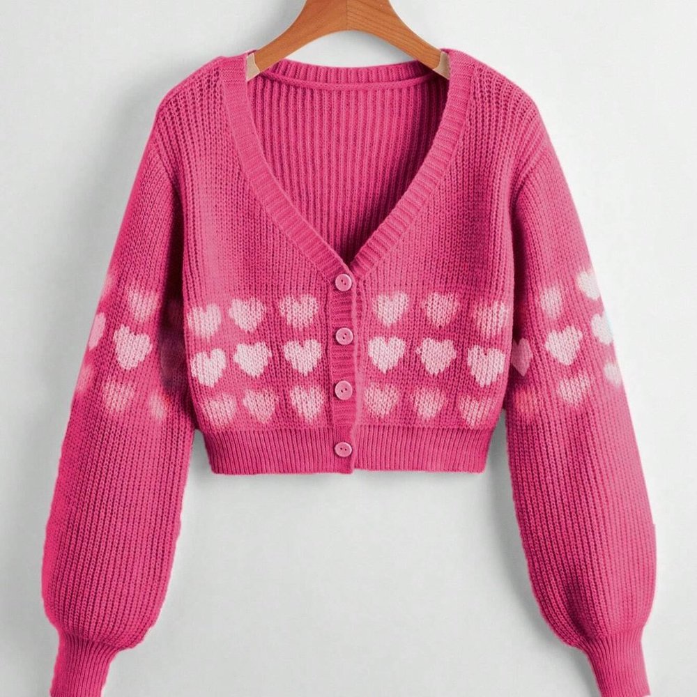 Hot Pink Heart Pattern Lantern Sleeve Crop Knit Cardigan Size S V Neck Cute Y2K